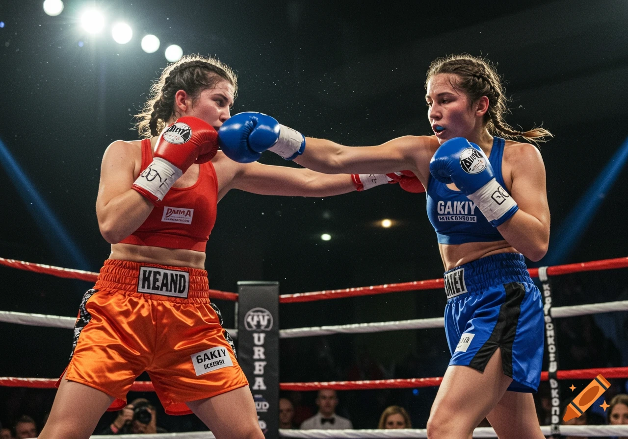 Two female boxers in red and blue gear exchange punches in a brightly lit boxing ring.