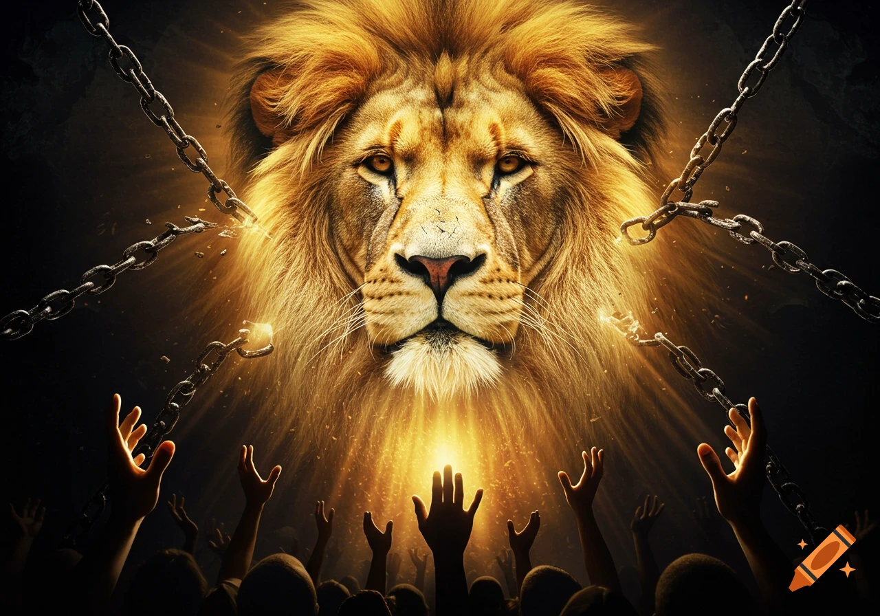 A majestic lion's head with a golden mane glows, surrounded by shattering chains, as hands reach up in prayer.