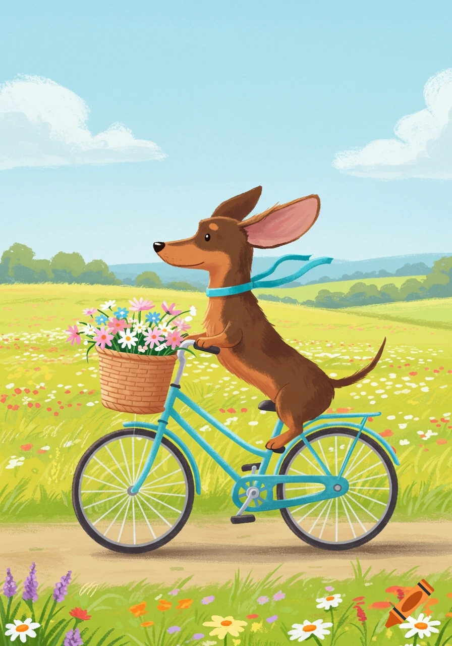 Cartoon illustration of a brown dachshund riding a teal bicycle with a basket of flowers through a sunny, flowery green field.