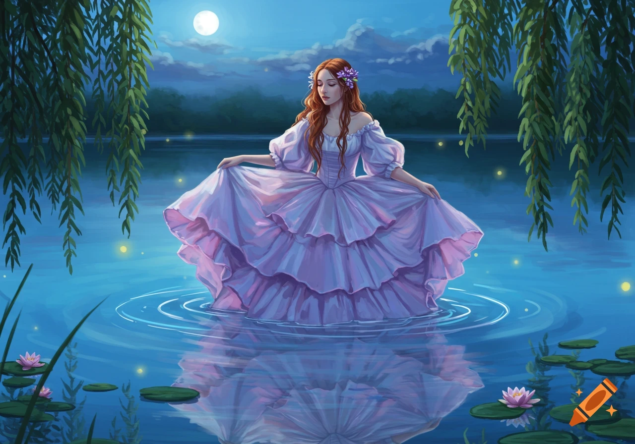 Woman with red hair in a purple crinoline gown stands in moonlit water with lily pads and willows, illustration.