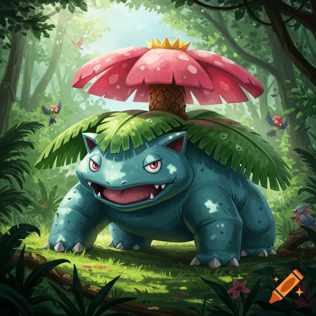A powerful Venusaur, a large green reptilian Pokémon with a pink flower on its back, stands in a lush, sunlit jungle.