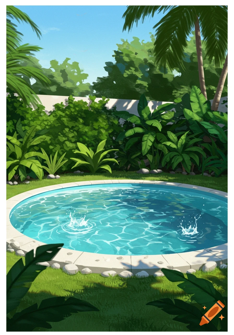 Illustrated view of a round swimming pool with water splashes, surrounded by a lush green garden with palm trees.