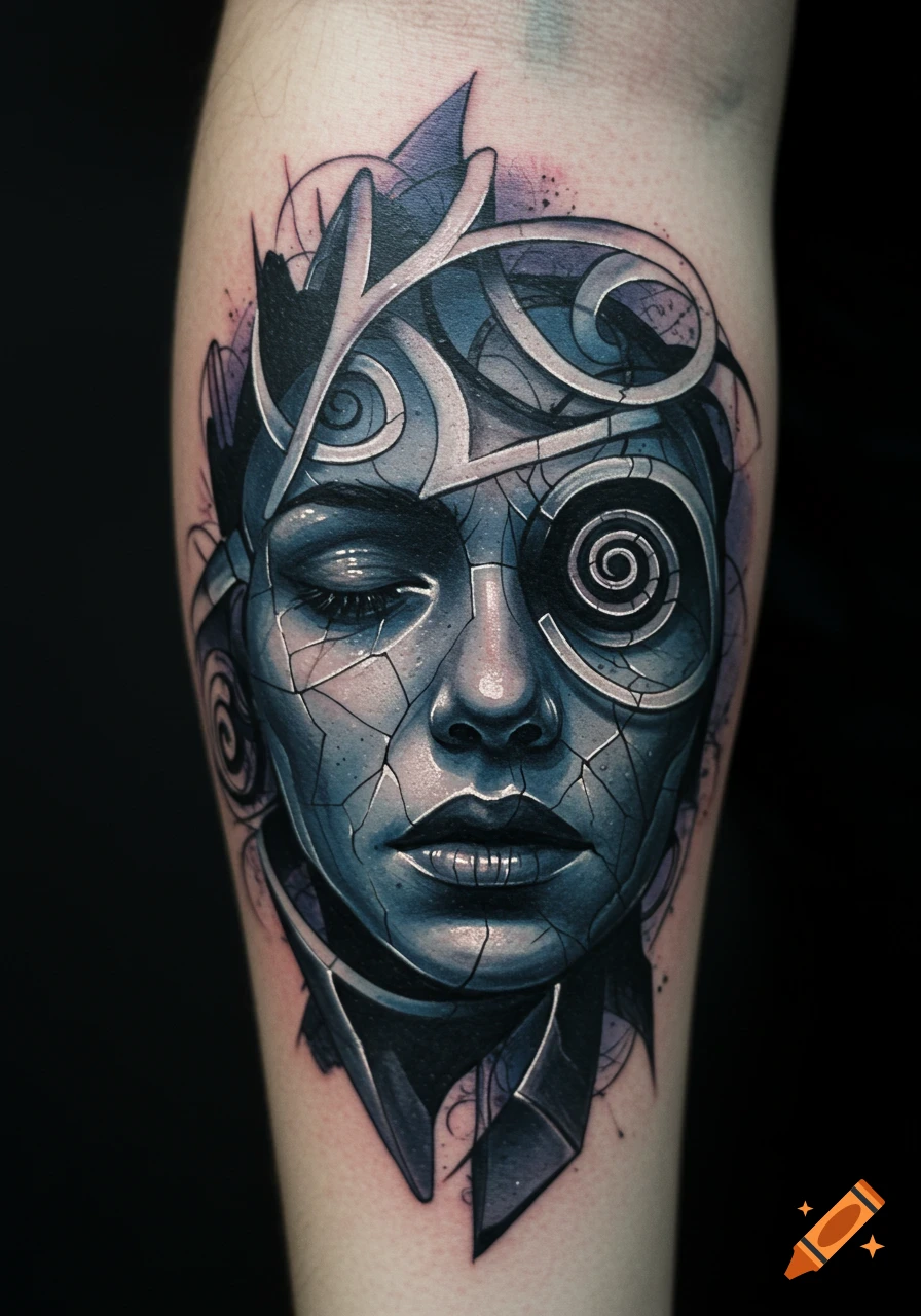 A stylized tattoo of a woman's cracked face with one mechanical eye, rendered in blue and gray tones on a leg.