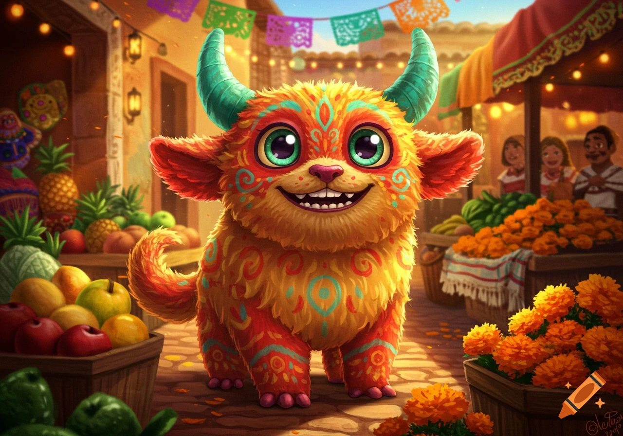 A cute, colorful, furry monster with horns and big eyes smiles in a vibrant Mexican market filled with fruit and marigolds.