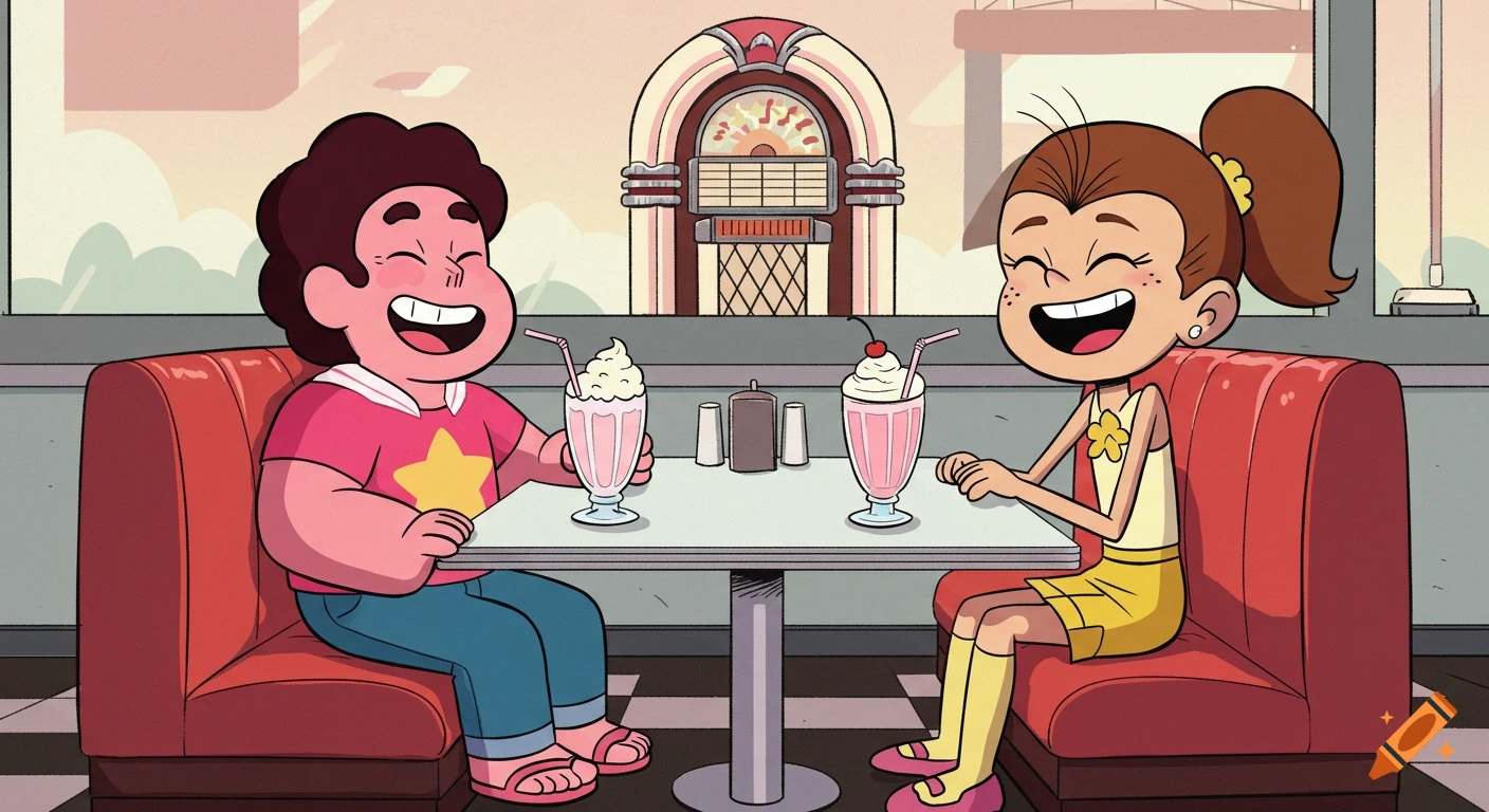 Steven Universe and Luan Loud smile happily, holding milkshakes at a retro diner booth with a jukebox in the background, in a cartoon style.