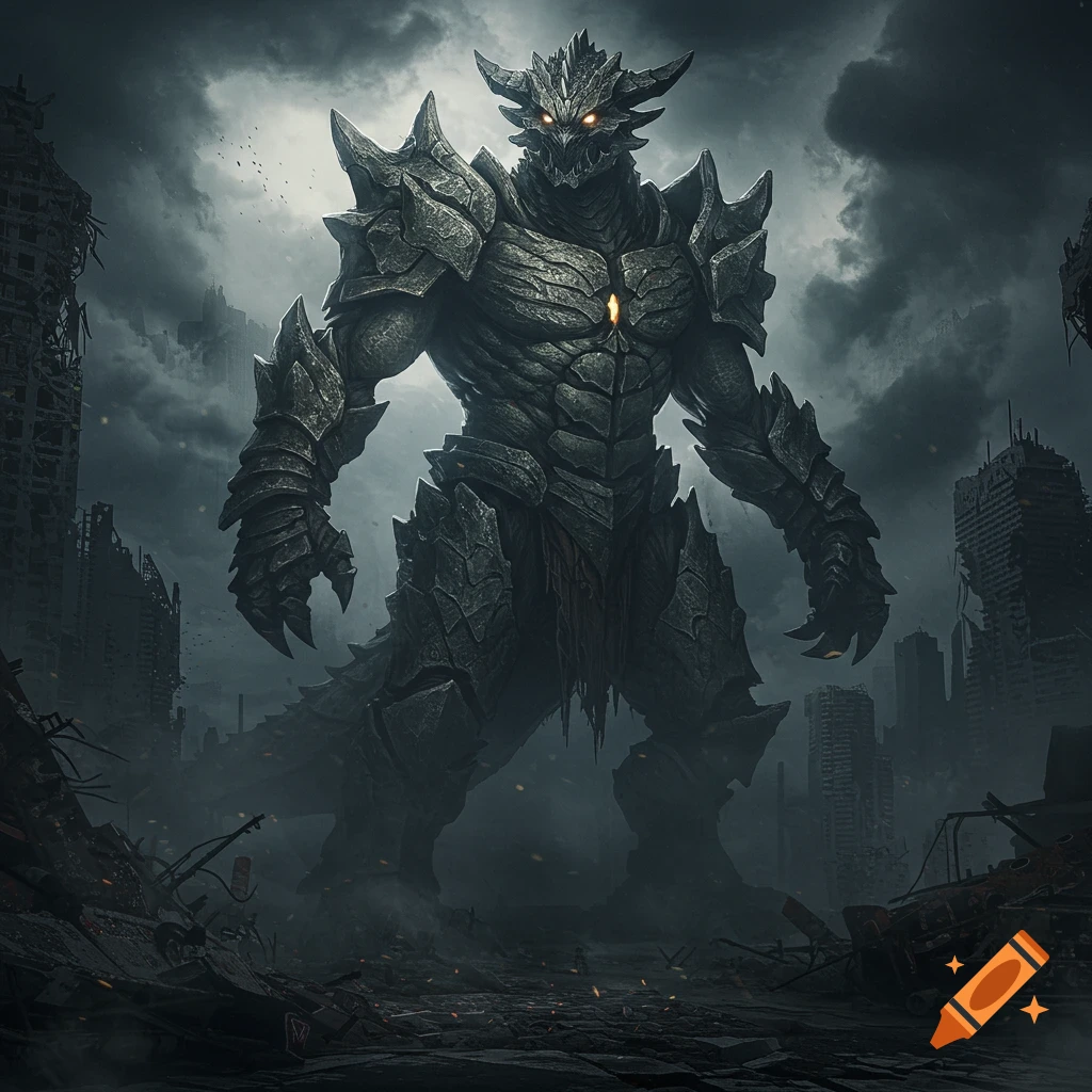 A gigantic, armored mythical creature with glowing eyes stands in a dark, ruined city under a stormy sky.