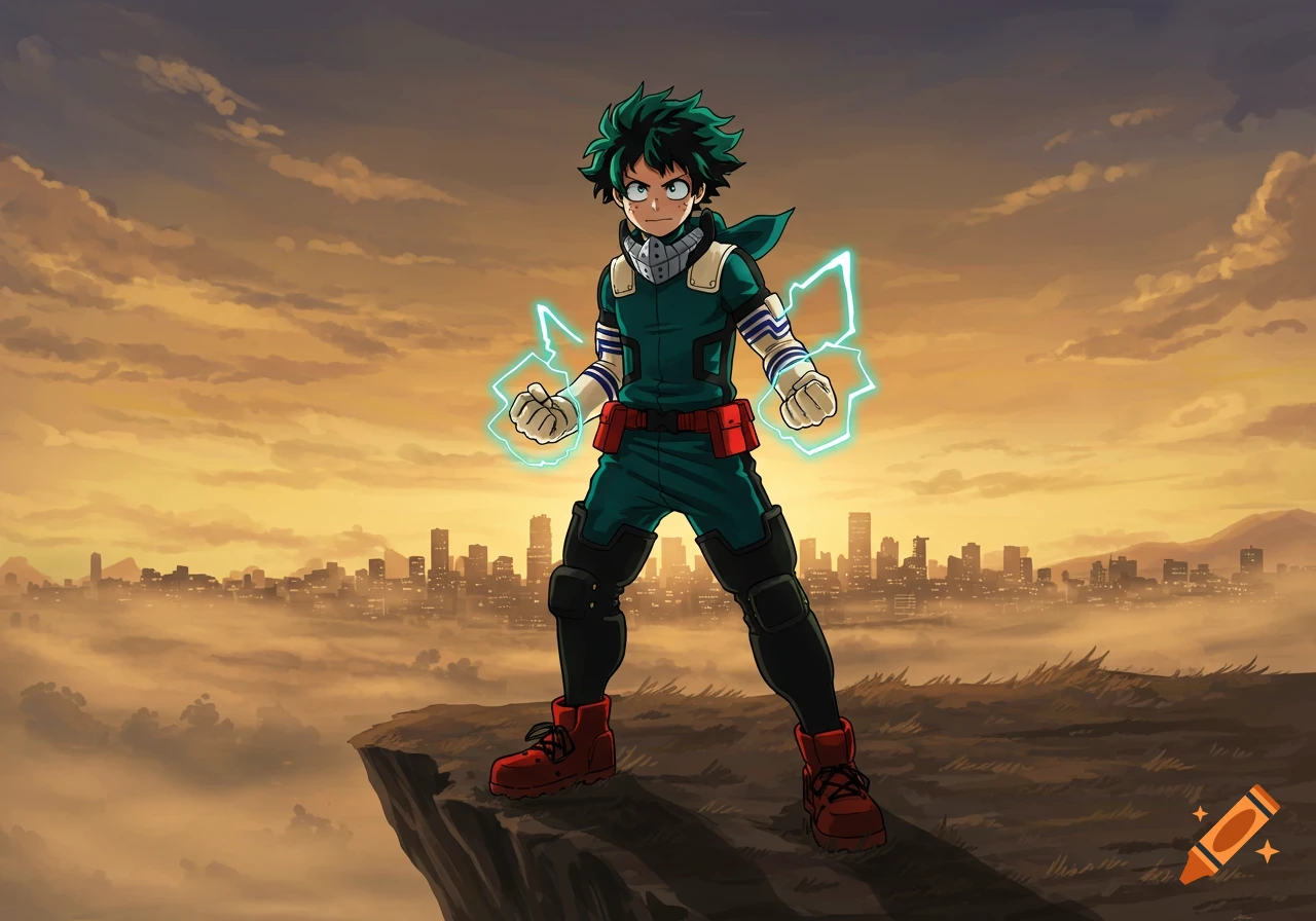 An anime character, Izuku Midoriya (Deku), in his superhero costume, stands on a cliff overlooking a city at sunset with glowing fists.