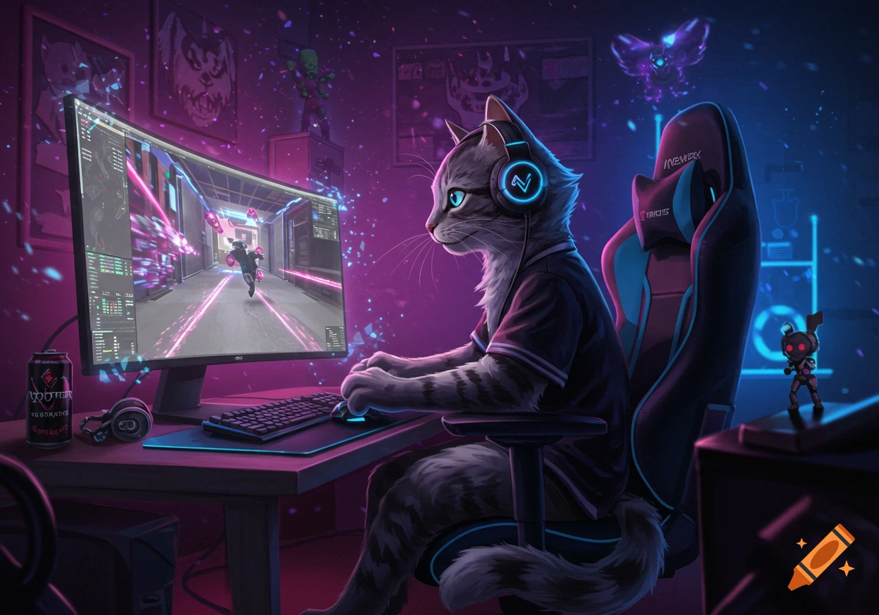 A tabby cat wearing headphones sits at a desk, intently playing a video game on a monitor in a neon-lit, cyberpunk-style room.