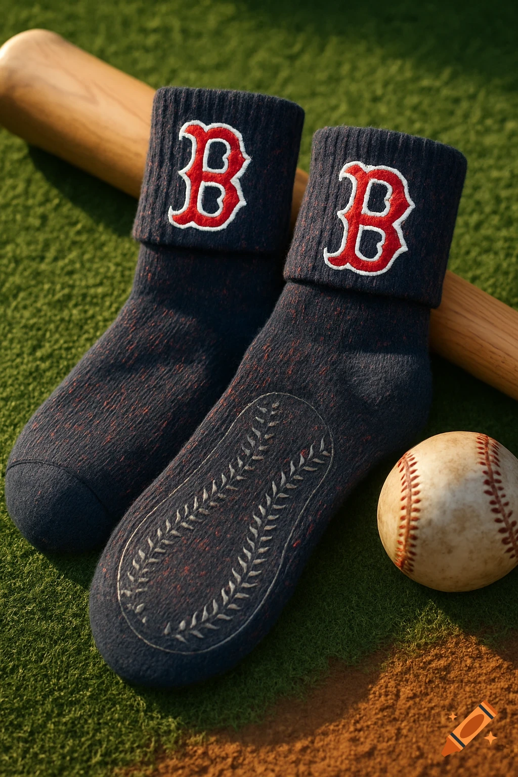 Pair of dark blue socks with red Boston Red Sox 'B' logos, a wooden baseball bat, and a baseball on a green field with brown dirt.