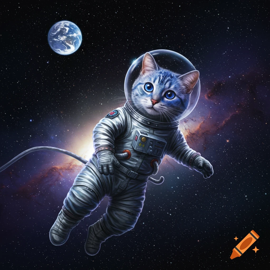 A blue-striped cat in a white astronaut suit floats in deep space, with Earth and a nebula visible behind it.