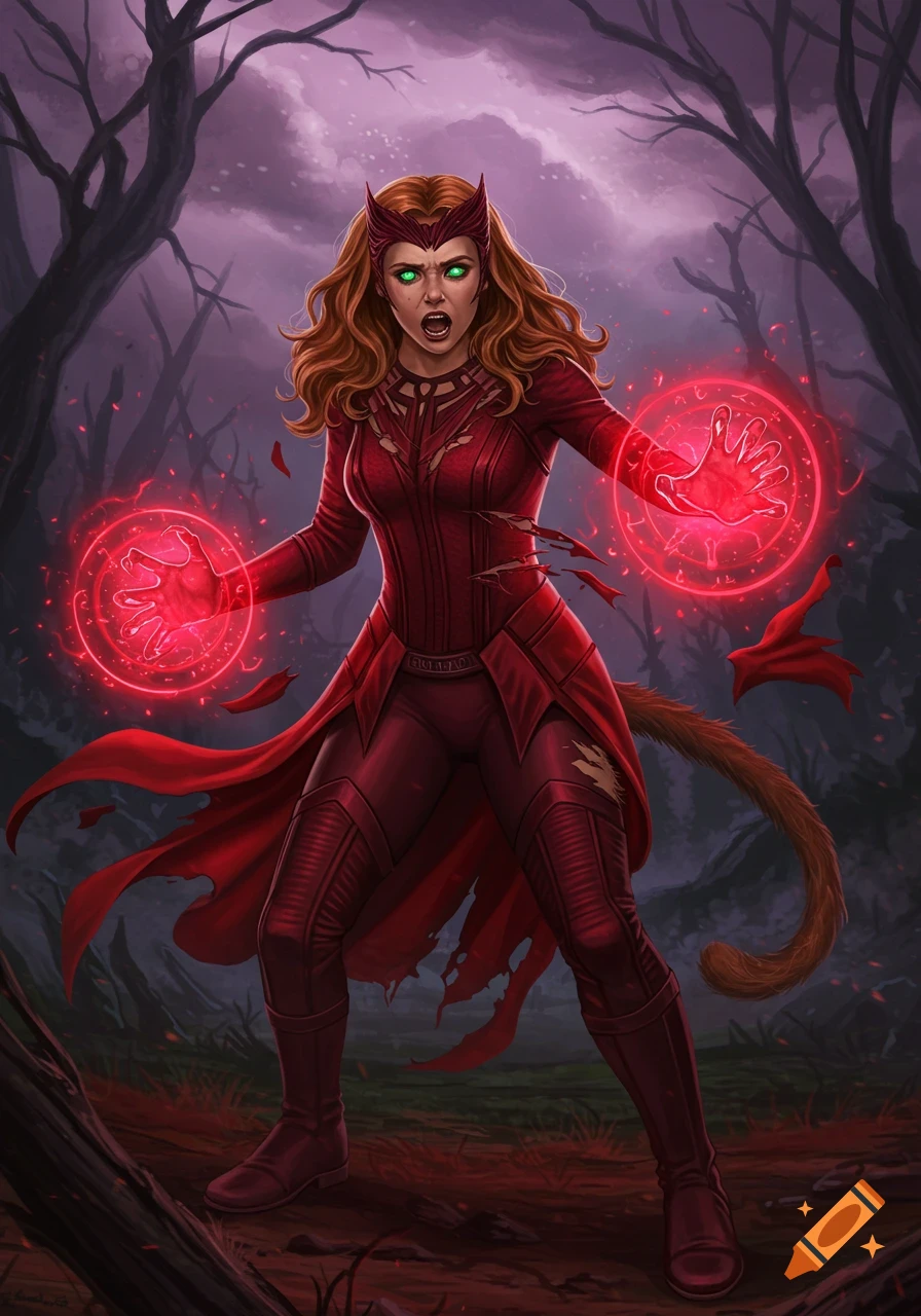 Illustrated Scarlet Witch transforming into a werecat, emanating red magic in a dark forest.