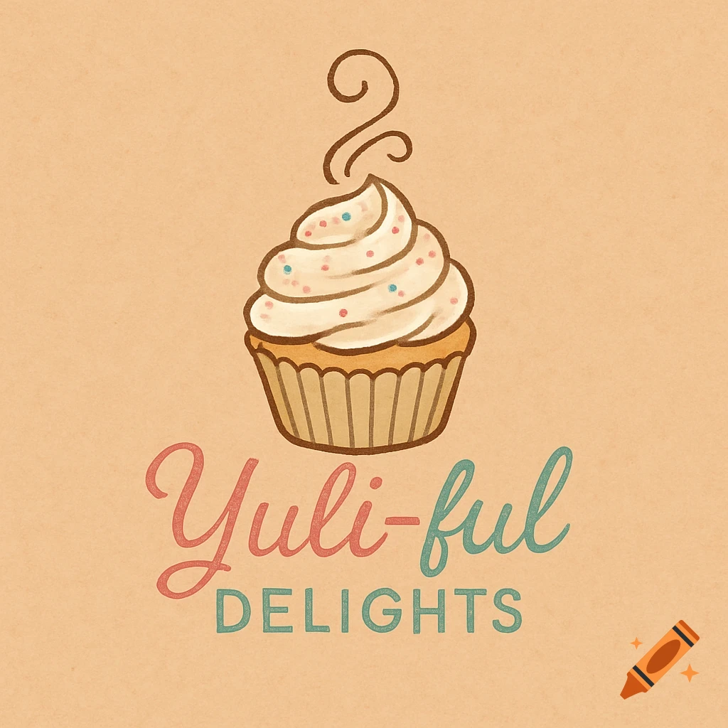Illustrated logo of a cupcake with frosting, sprinkles, and steam. Below, red script "Yuli-ful" and teal "DELIGHTS" on a tan background.