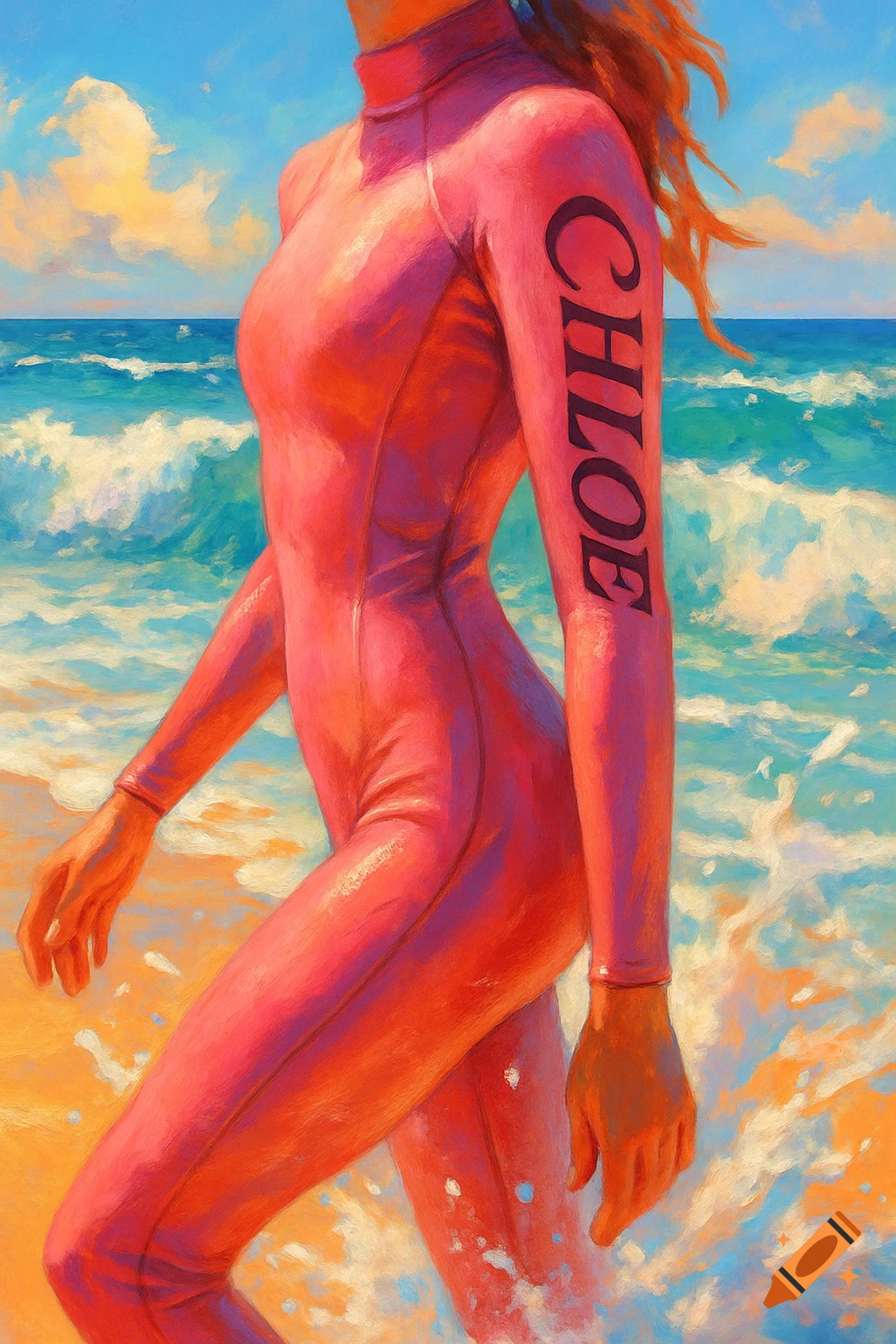 A vibrant painterly image of a person in a pink wetsuit with 'CHLOE' on the arm, walking in shallow ocean water on a sunny beach.