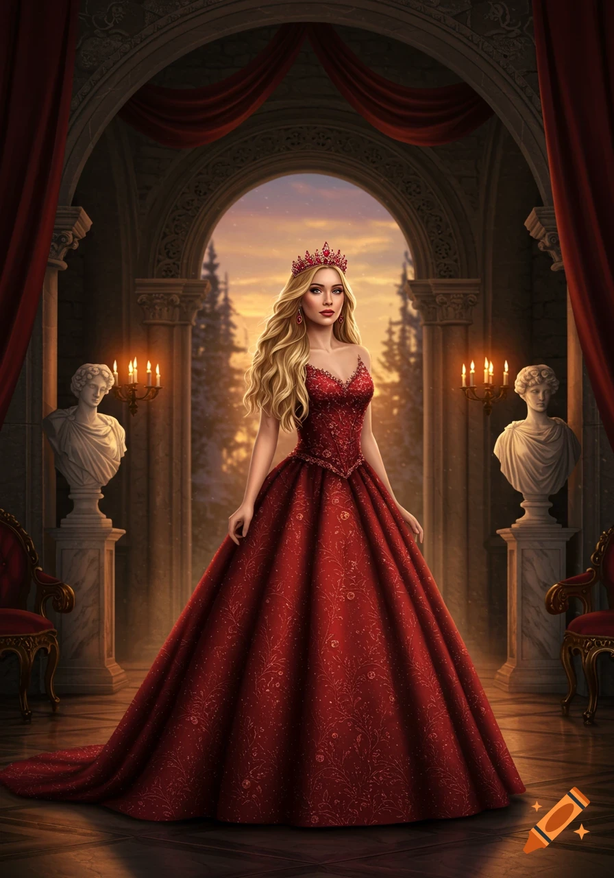 A blonde princess in a lavish red ball gown and crown stands in a grand arched hall with red drapes and snowy trees visible outside.