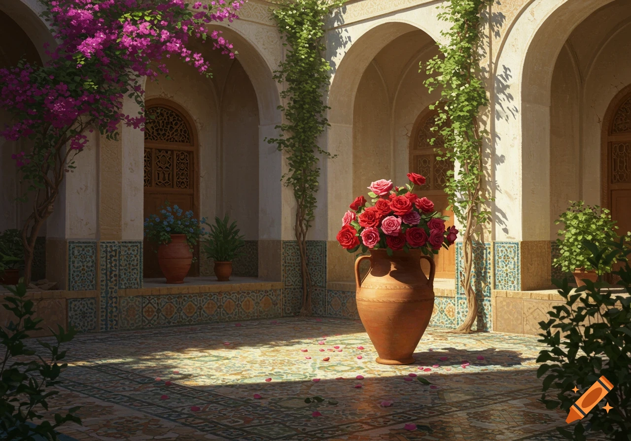 A sunlit courtyard with a large terracotta pot of red and pink roses, ornate tiled floor, arches, and purple bougainvillea.