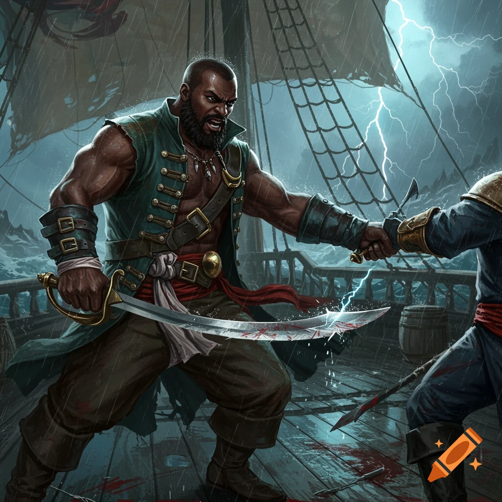 A muscular black pirate with a bald head and beard fights another pirate with swords on a stormy ship deck under lightning, digital art.