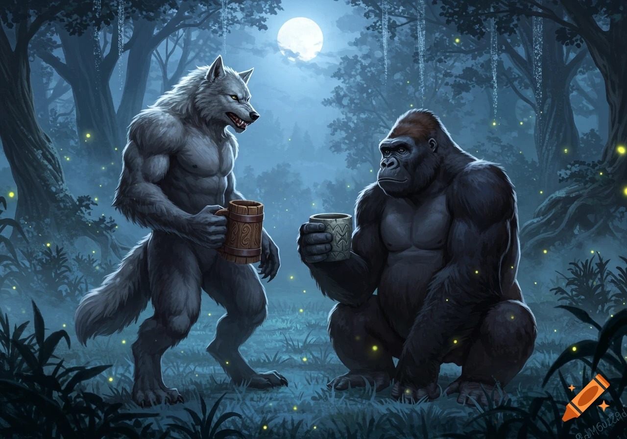 A werewolf and a gorilla in a moonlit forest drink from mugs while fireflies glow around them.