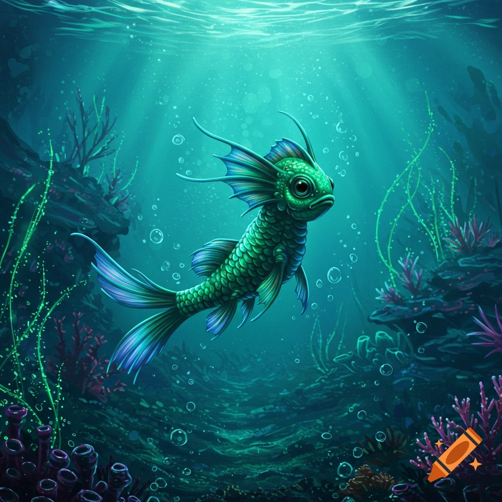 A vibrant green, dragon-like alien fish with large fins swims in a deep blue-green underwater environment with coral and light filtering from the surface.