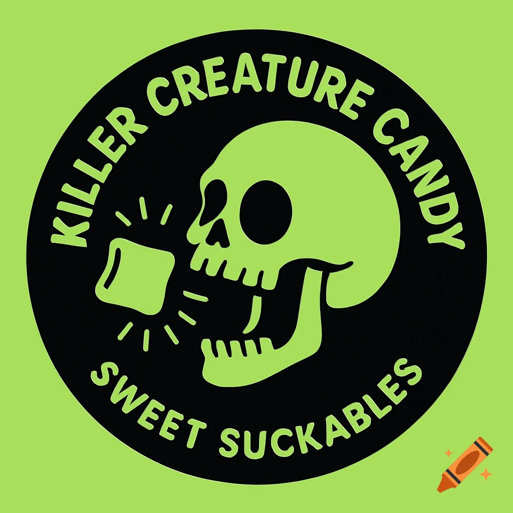 A graphic logo featuring a green cartoon skull eating a candy, with text "Killer Creature Candy" and "Sweet Suckables" on a black circle against a green background.