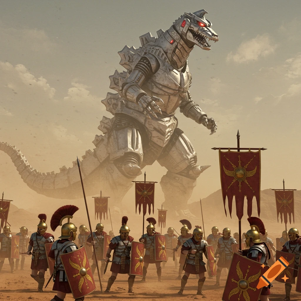 A towering metallic Mechagodzilla confronts a Roman army in a sandy desert landscape under a cloudy sky.
