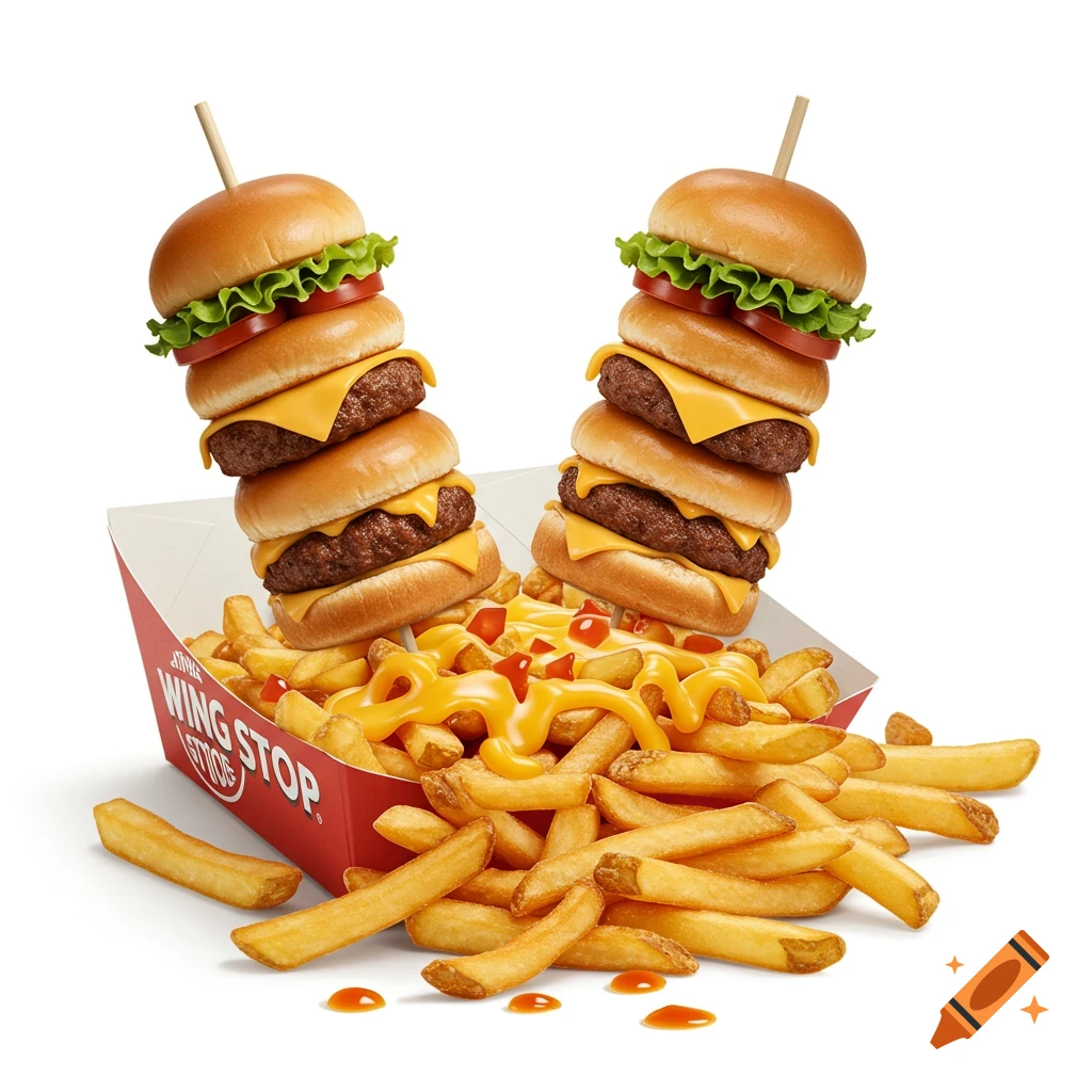 Two skewers of mini cheeseburgers atop a red Wing Stop box filled with cheese fries on a white background.