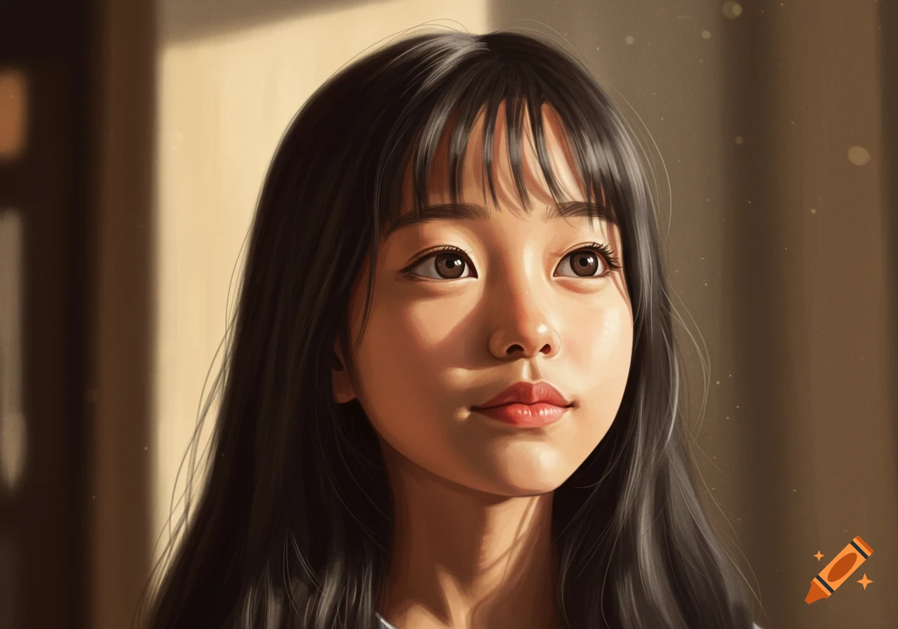 Semi-realistic digital painting of a young East Asian woman with long dark hair and bangs, looking upward, illuminated by soft light.