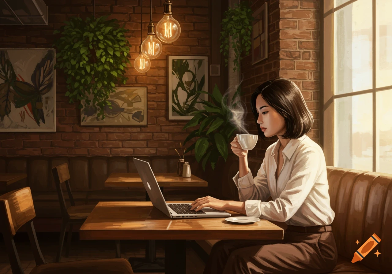 An illustrated woman in a coffee shop sips coffee while working on a laptop. She sits at a wooden table near a window.