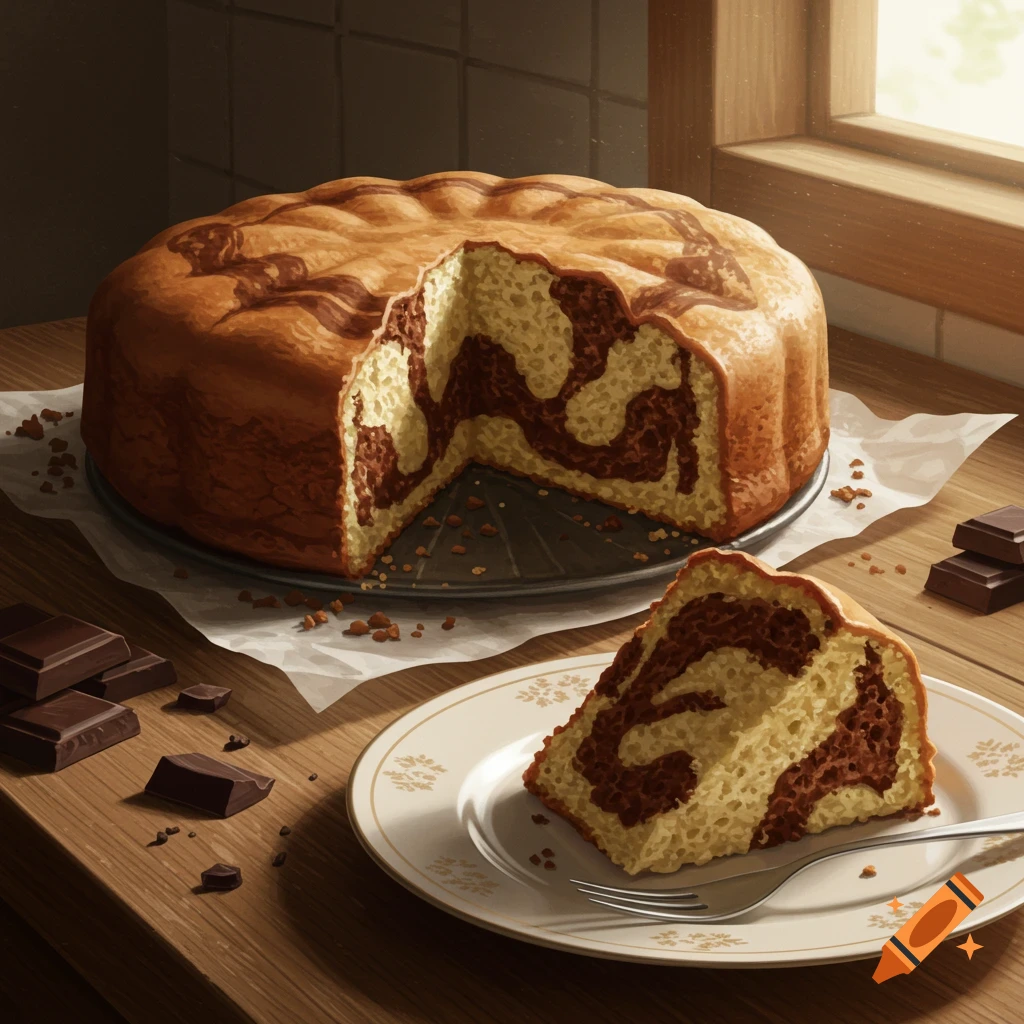 Photorealistic marble cake with a slice removed, on a plate with a fork, surrounded by chocolate on a wooden table.