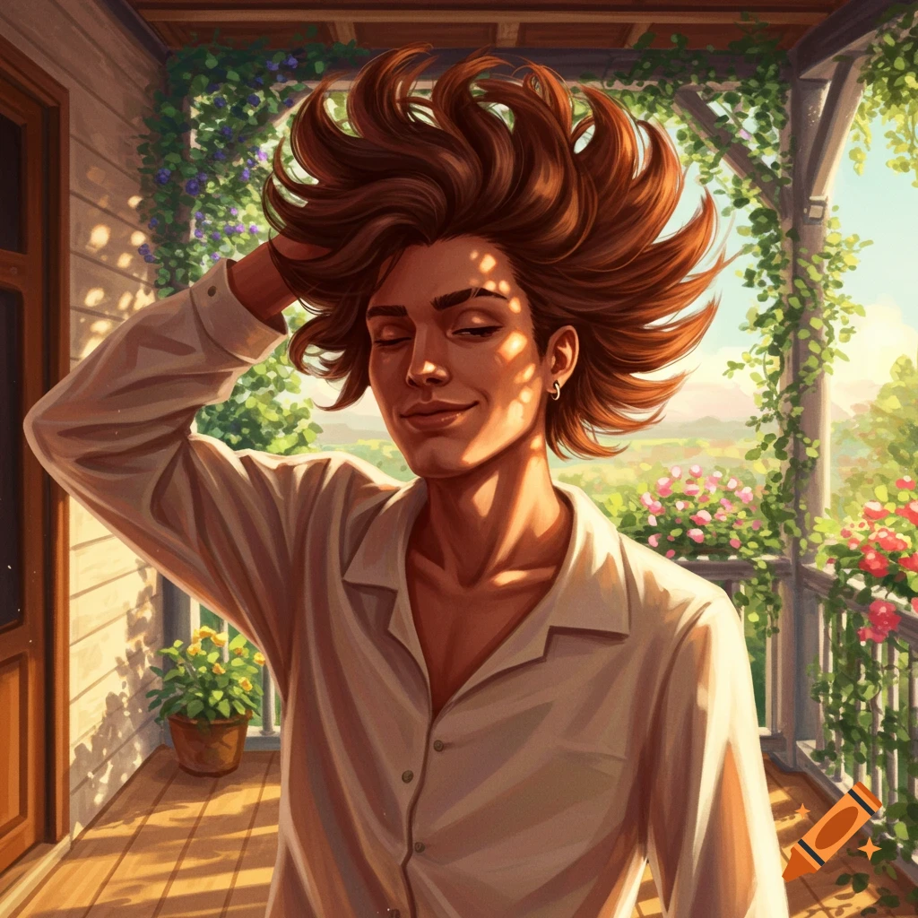 A person with brown spiky hair, wearing a white shirt, stands on a sunny porch with vines and flowers, with one hand in their hair. Digital art style.