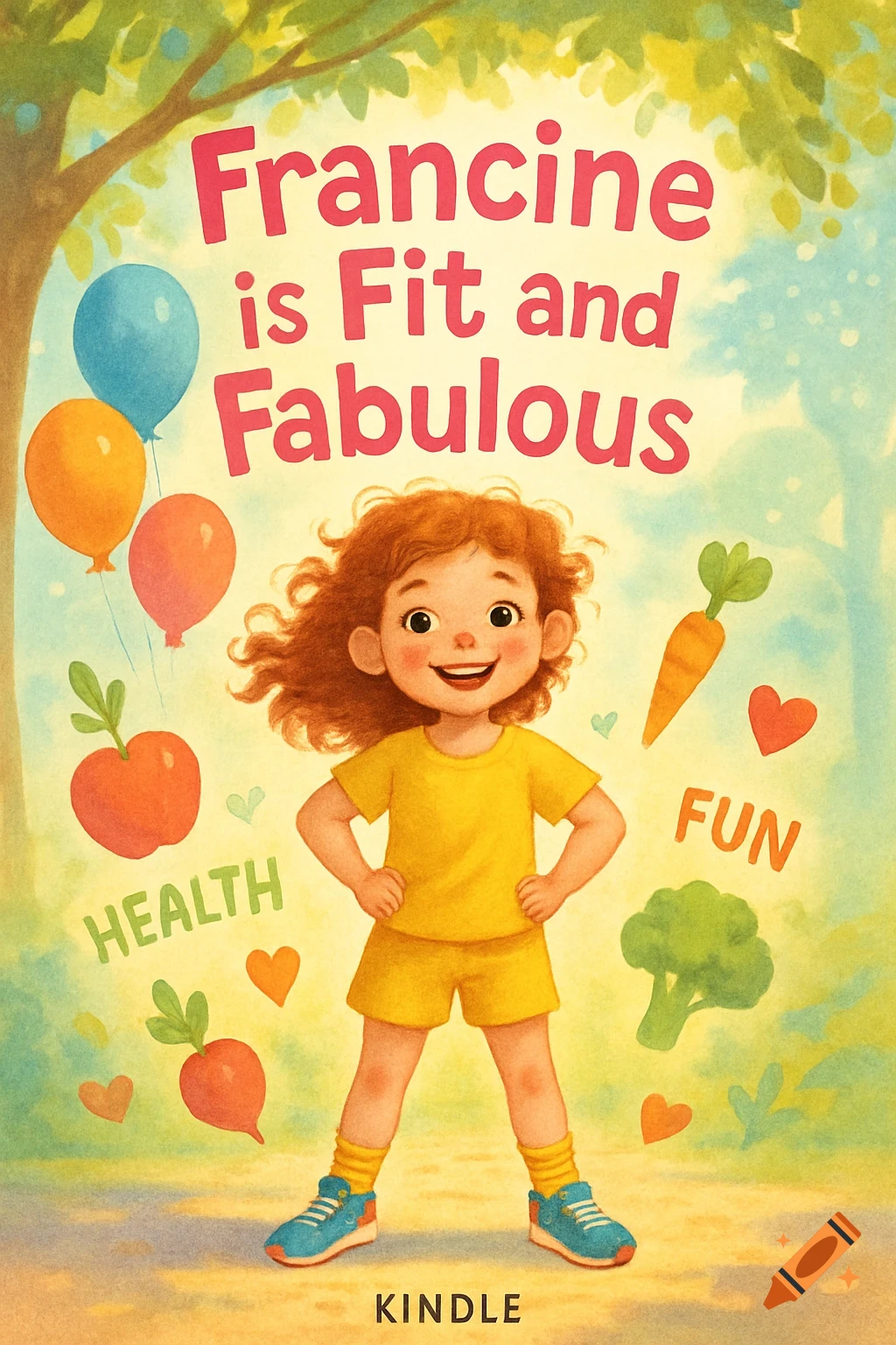 A colorful children's book cover illustration of a smiling cartoon girl standing in a park with balloons, fruit, and vegetables. The title reads 'Francine is Fit and Fabulous'.