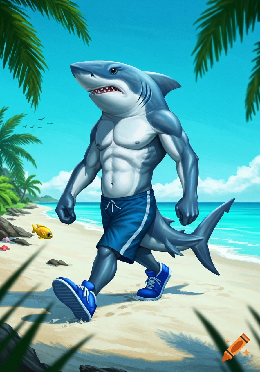 A muscular cartoon shark wearing blue swim trunks and sneakers walks on a sandy beach next to the ocean, with palm trees overhead.