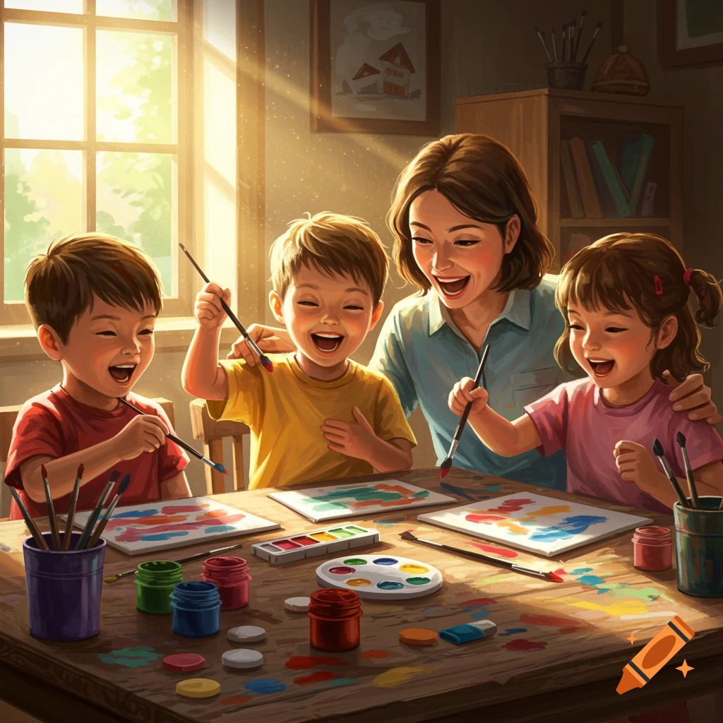 A happy mother and three children joyfully painting at a table, bathed in sunlight.