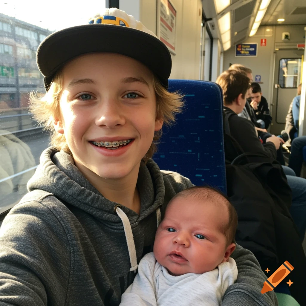 A smiling young boy with braces and a backward cap holds a newborn baby on a train.
