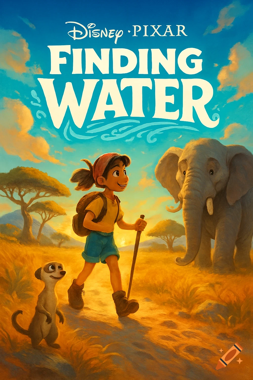 Disney Pixar movie poster for 'Finding Water' shows a child, elephant, and meerkat in a golden African savanna.