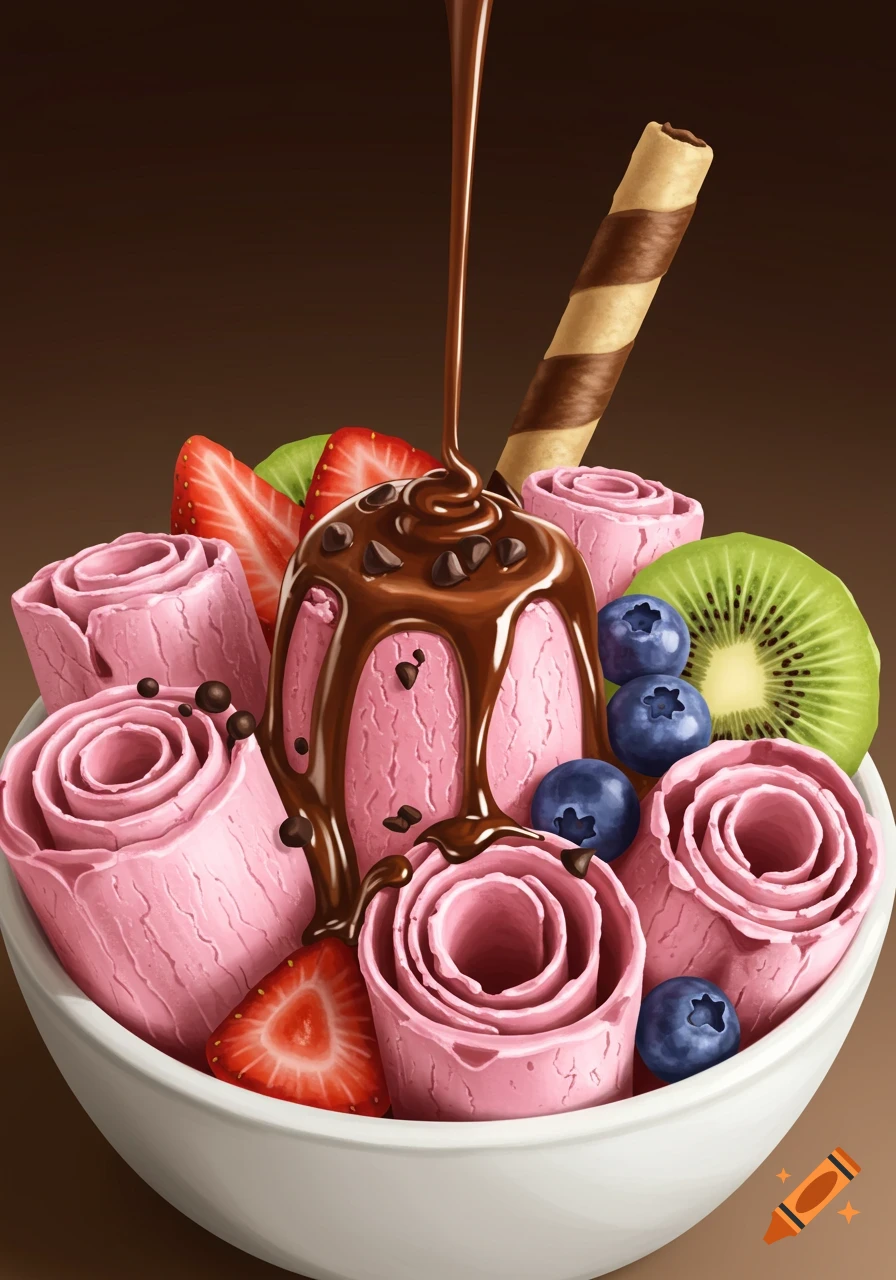 Pink ice cream rolls with chocolate syrup, strawberries, blueberries, kiwi, and a wafer in a white bowl, against a brown background.