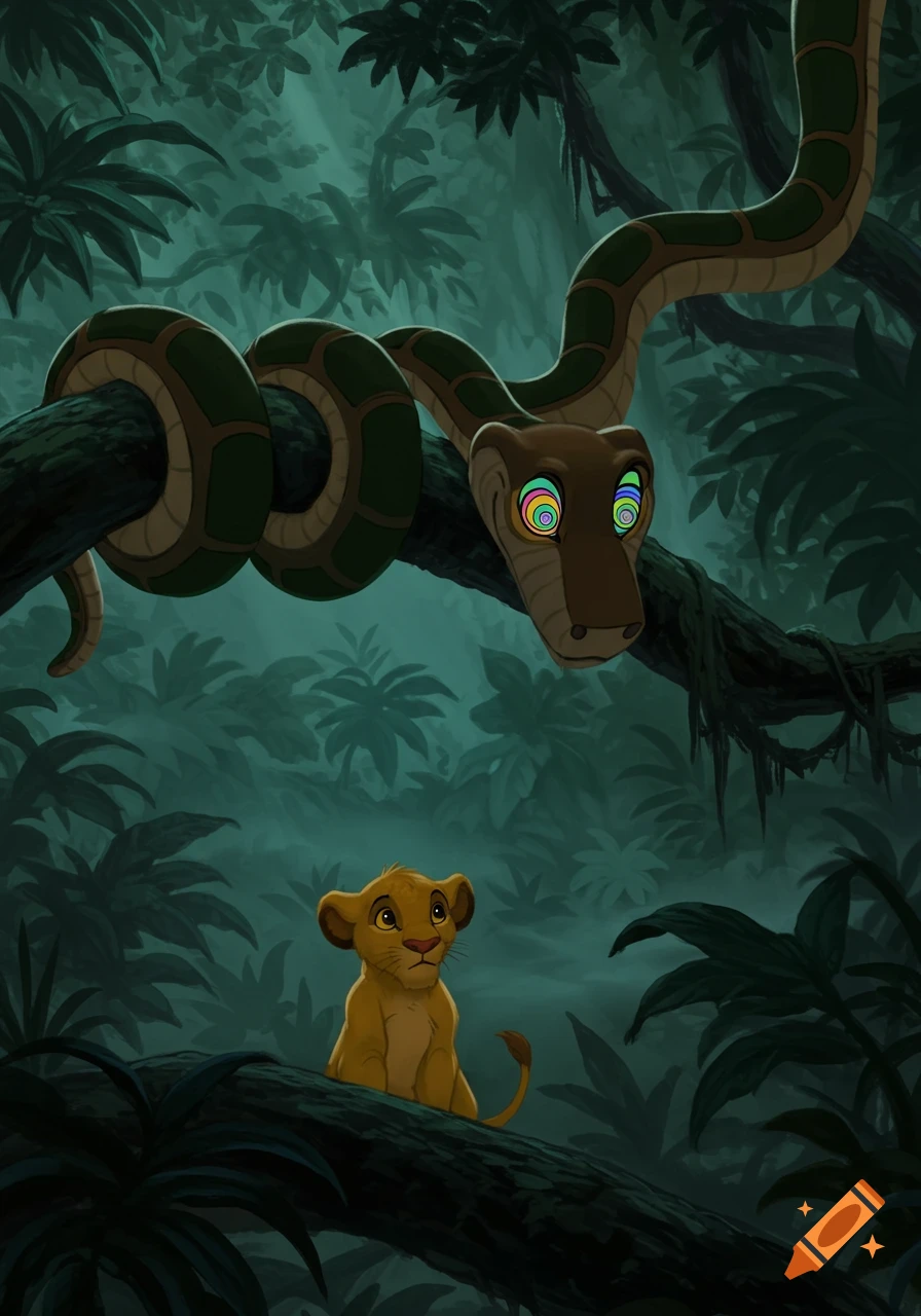 A cartoon Kaa the snake with spiral eyes hypnotizes Simba the lion cub in a dark jungle setting.