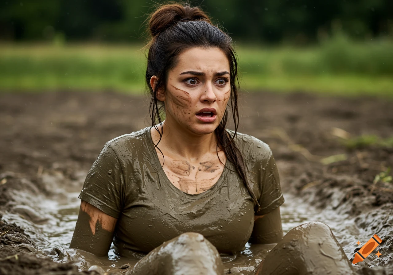 A young brunette woman with her hair in a bun, covered in mud and looking shocked, sits in a muddy field.