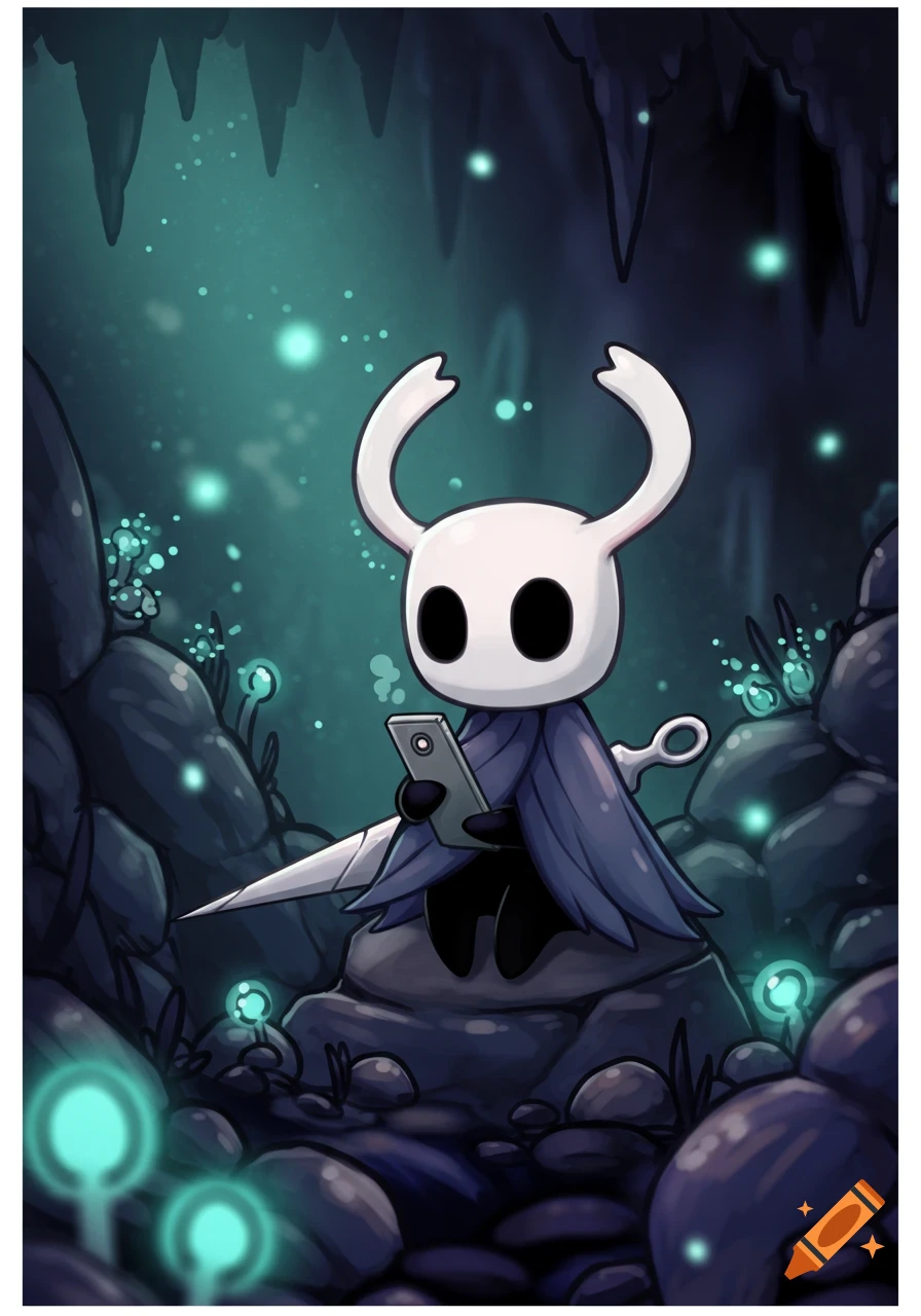 The Knight from Hollow Knight sits on rocks in a glowing cave, engrossed in a smartphone, in a stylized cartoon.