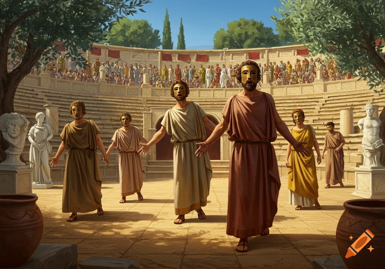 Illustrated scene of masked performers in robes on stage in an ancient Greek amphitheater filled with an audience, trees, and statues.