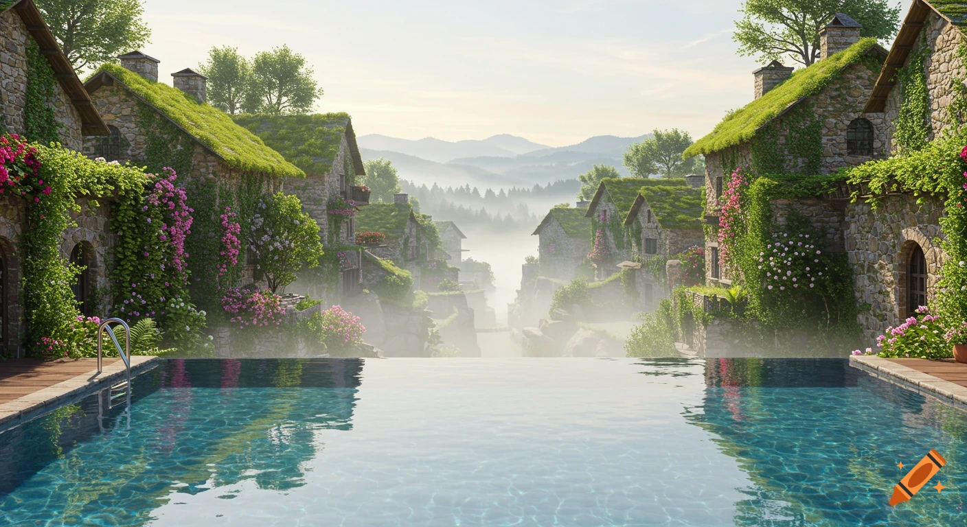 Photorealistic fantasy village in a misty valley with stone buildings covered in green roofs and flowers, viewed from an infinity pool.