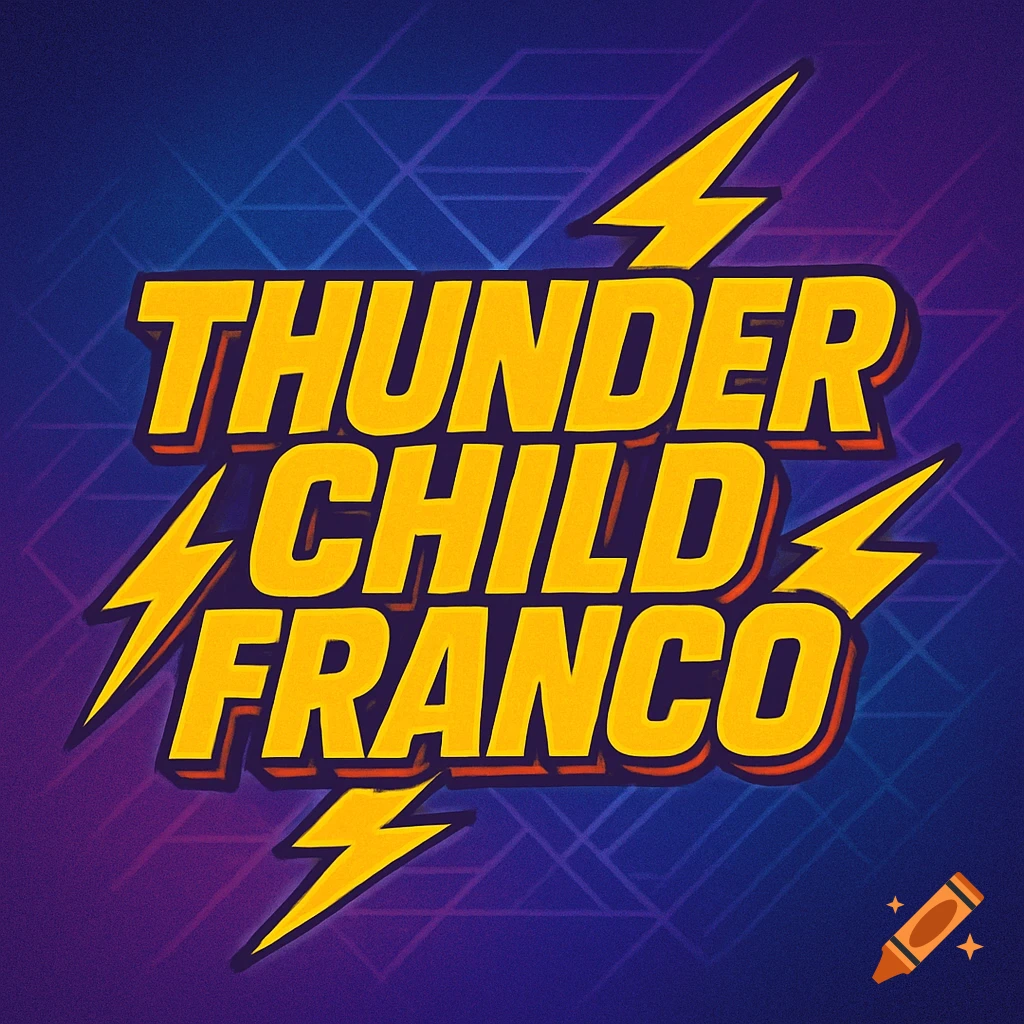 A bold yellow logo with orange outline that reads "THUNDER CHILD FRANCO" with yellow lightning bolts, set against a dark blue and purple geometric grid background in an 80s style.