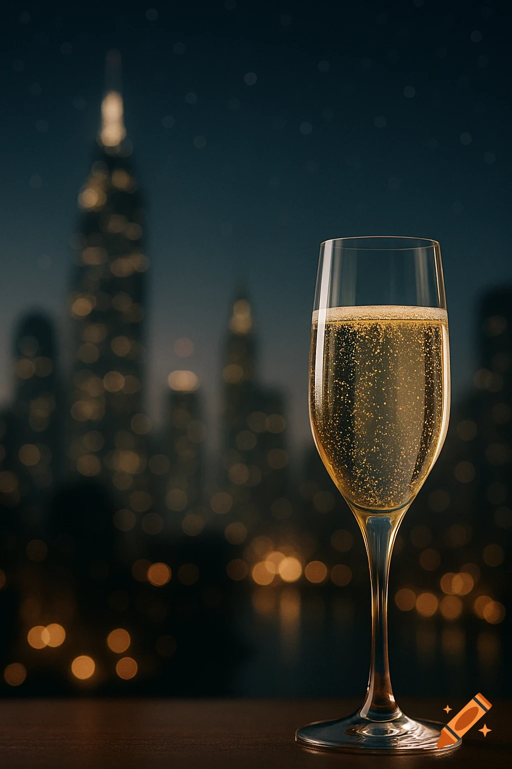 A champagne glass with bubbles in the foreground, set against a blurred city skyline at night with golden lights.