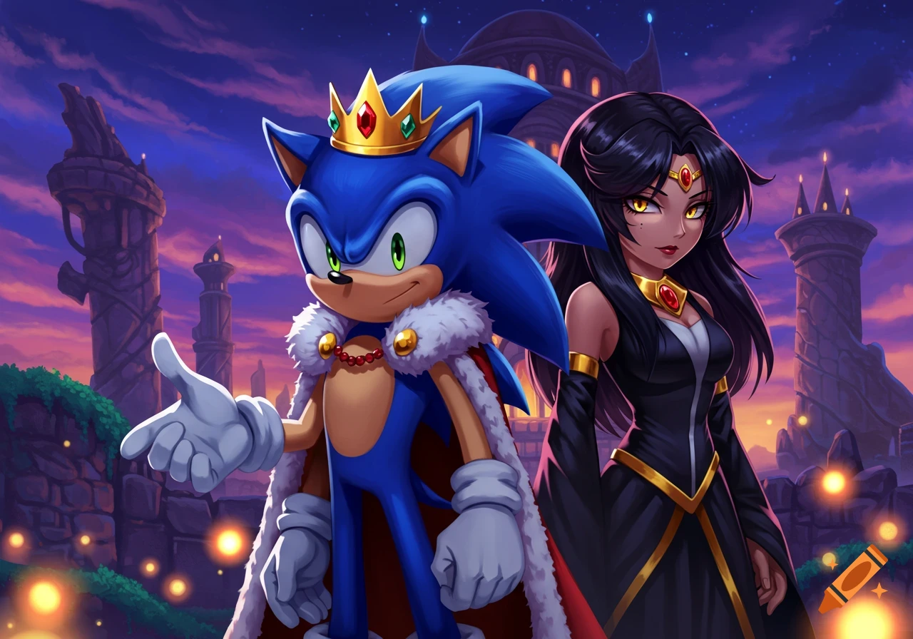 Anime style illustration of King Sonic in a crown and cape with a dark-haired queen against a fantasy castle backdrop at dusk.