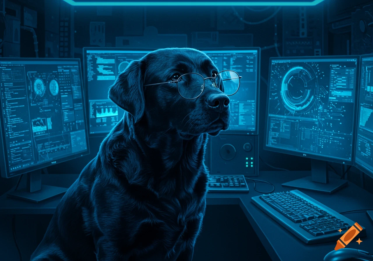 A black Labrador retriever wearing glasses sits in front of multiple glowing blue computer screens displaying code and data.