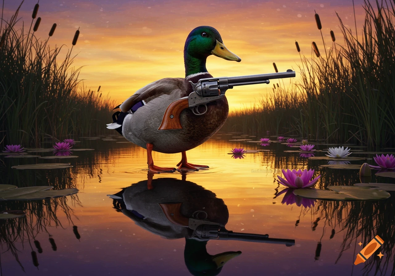 A photorealistic mallard duck stands in water at sunset, holding a large revolver. Water lilies and tall grasses surround it.