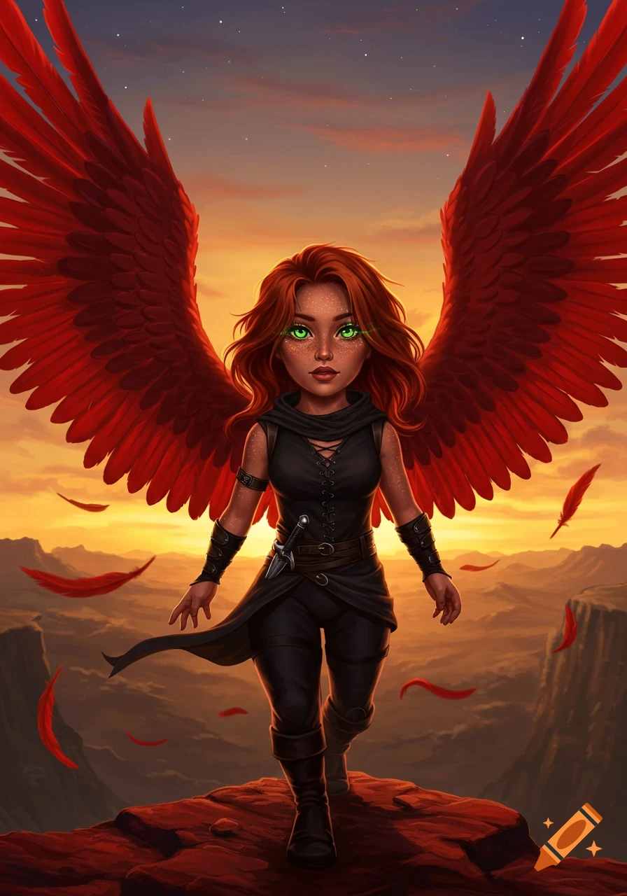 Stylized red-haired woman with red feathered wings and green eyes in rogue clothing stands on a cliff at sunset.