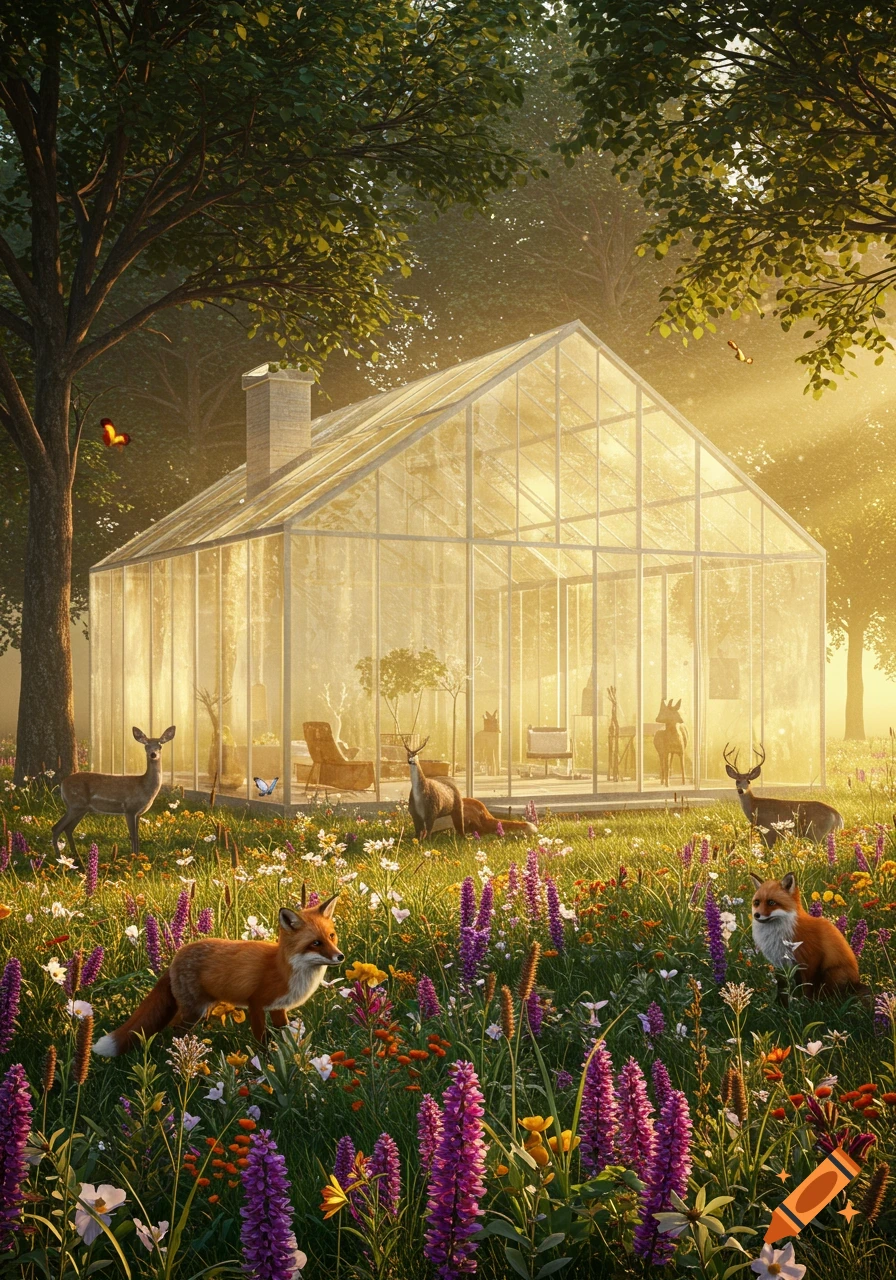 Photorealistic image of a glass house in a sunlit meadow with colorful flowers, trees, deer, and foxes.