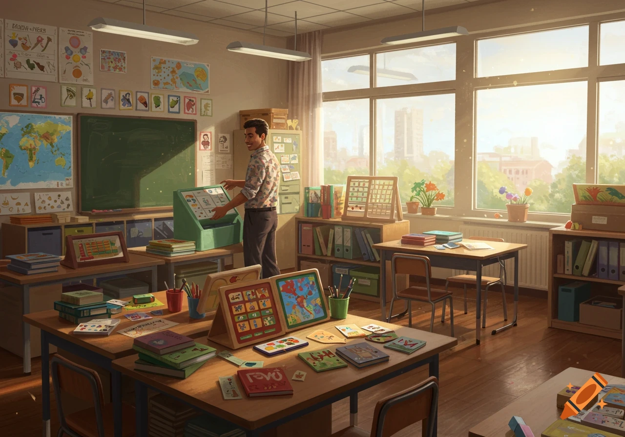 A teacher stands in a sunlit classroom, arranging learning materials on a green display case. Desks with books and educational items fill the room, with maps and posters on the walls.