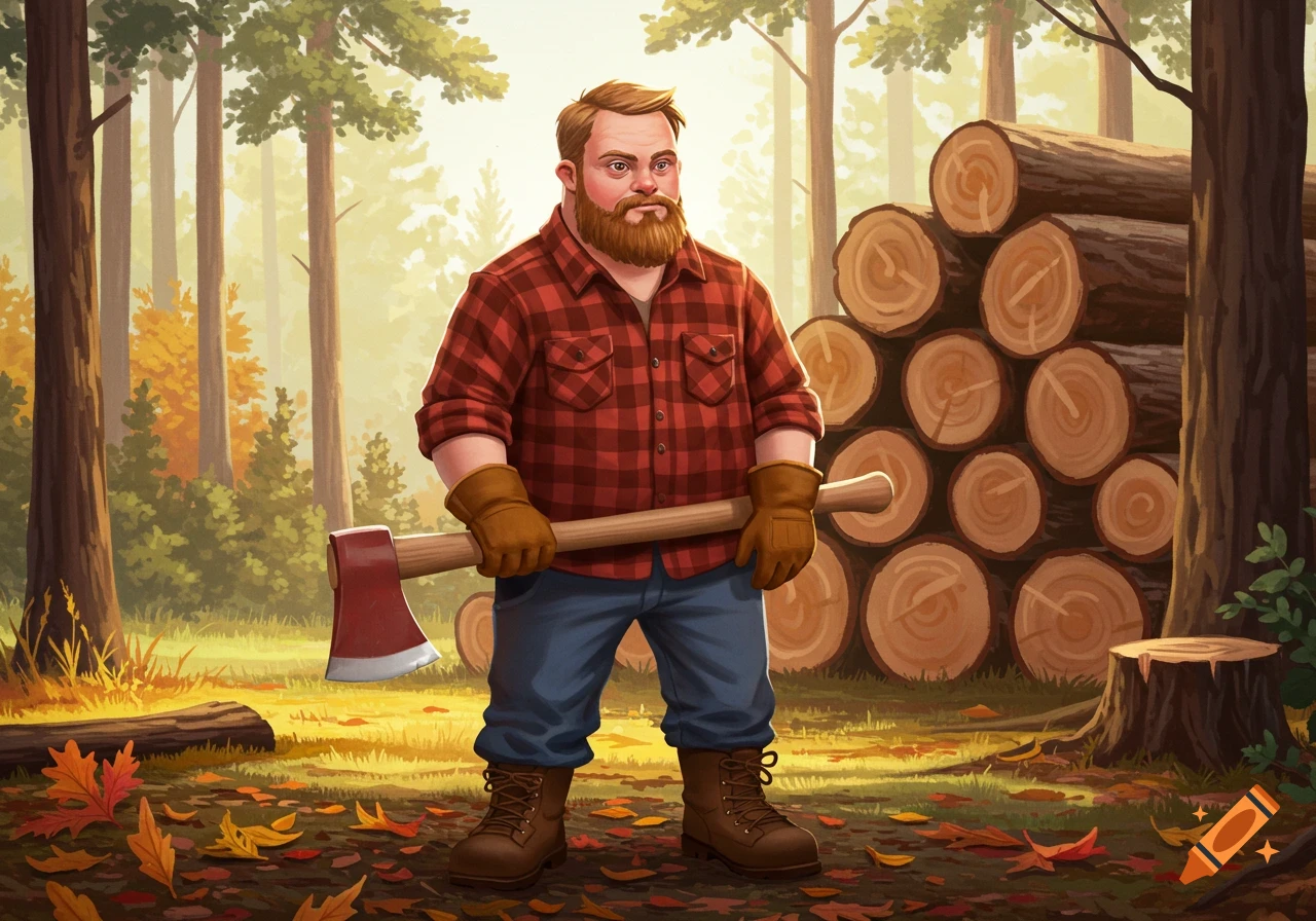 An illustrated lumberjack with a beard, plaid shirt, and gloves, holding an axe in a forest with stacked logs.