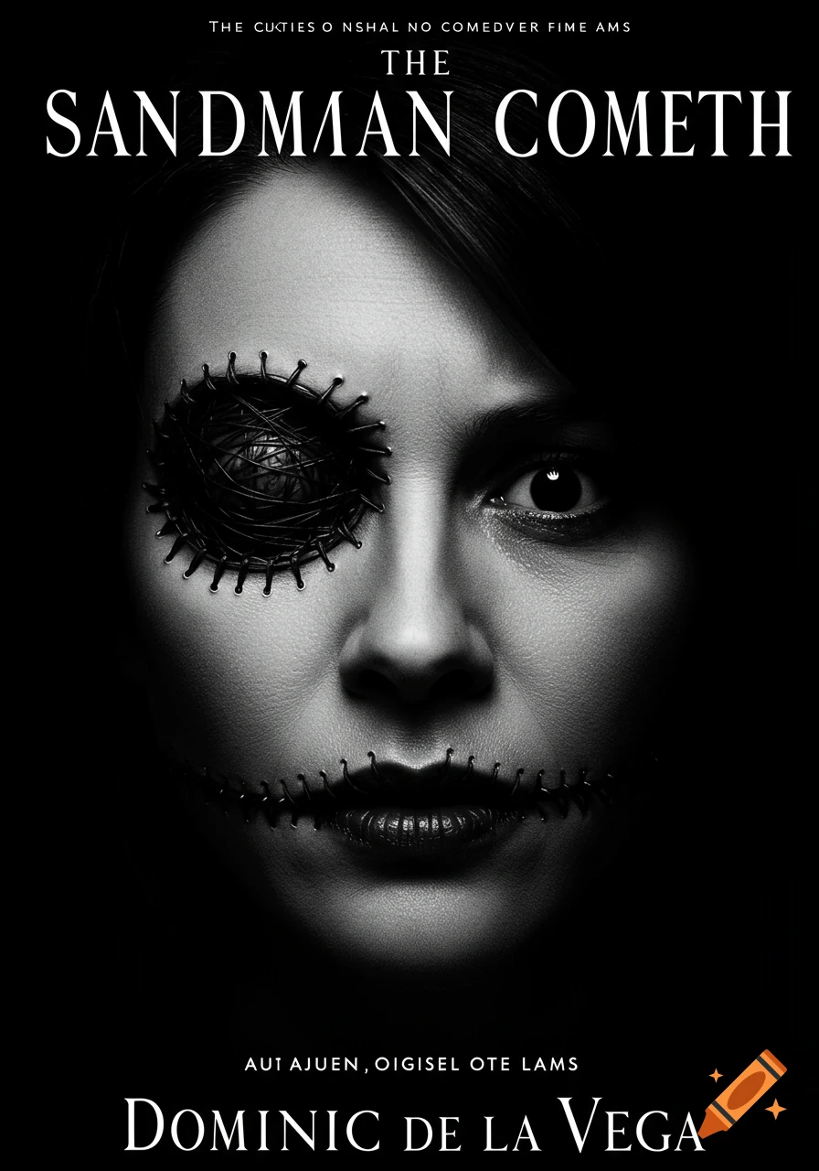 A black and white close-up portrait of a woman with her left eye sewn shut with black thread, her right eye wide with fear, and her lips also sewn shut with black thread, set against a dark background with book title and author text.